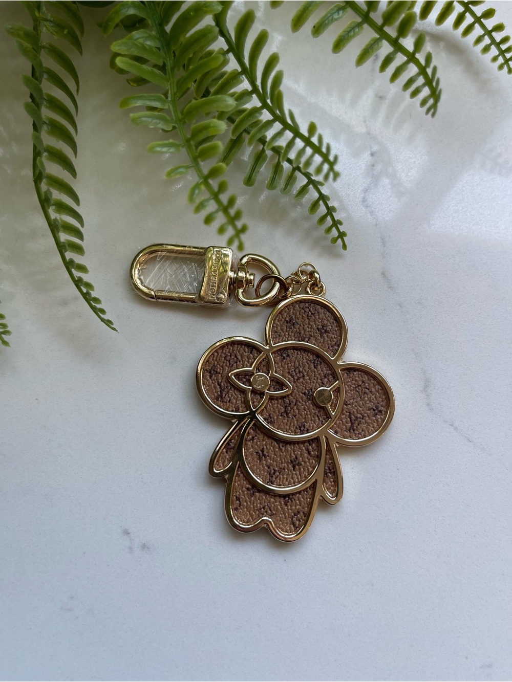 Gold Trim Brown Floral Charm Keychain